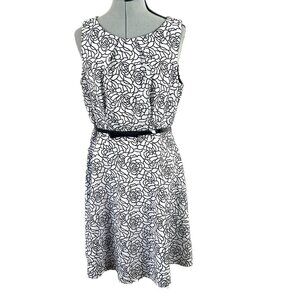 Elle Black White Rose Print Bow Belted Dress L Midi